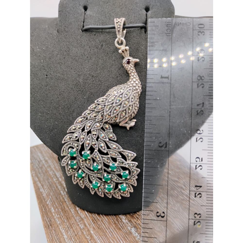 Vintage Peacock Marcosite and Green Onyx Pendant - Picture 4 of 5